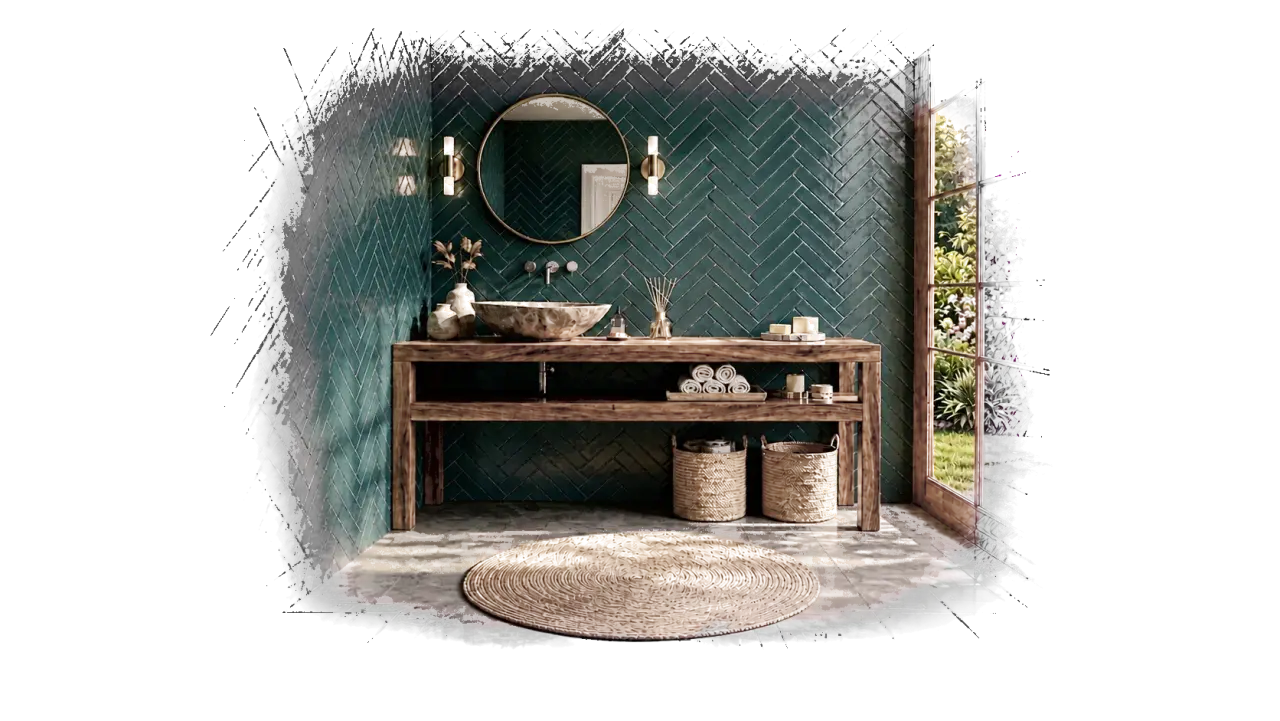 Hotel bathroom with a green herringbone tiled wall, the surface Flume prices against the market