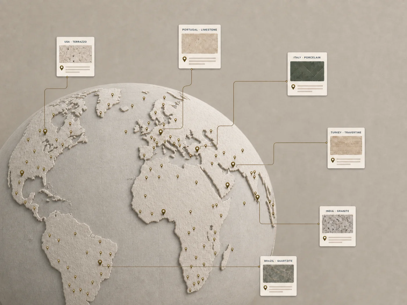 A globe of source regions with material swatch cards pinned to quarries and factories worldwide