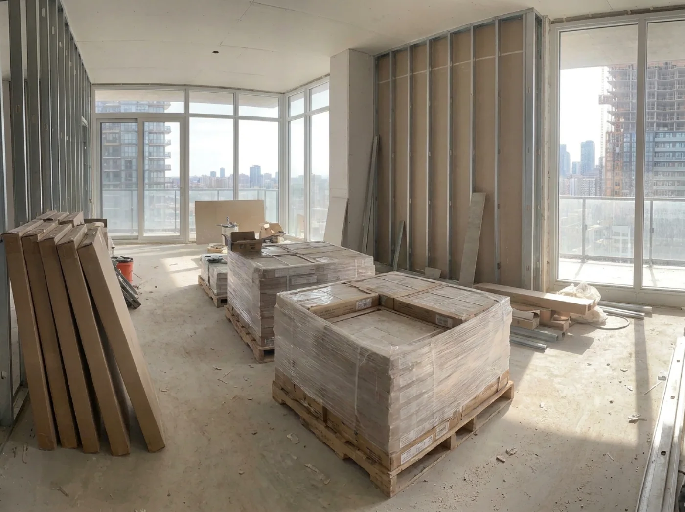 Shrink-wrapped pallets of tile delivered inside a unit still being framed