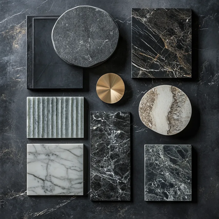 Stone and marble slab samples on black slate