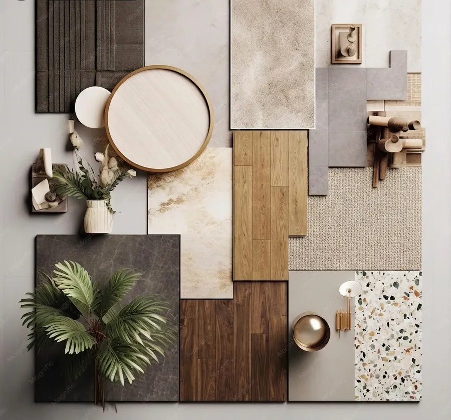 Material flat-lay of wood, stone, and terrazzo samples
