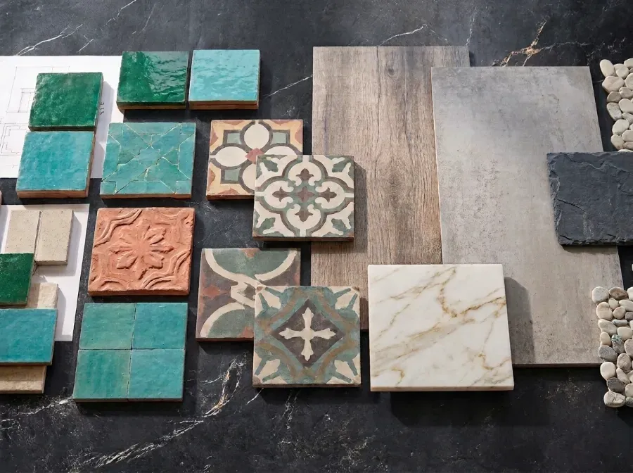 Glazed and patterned tile samples on black marble