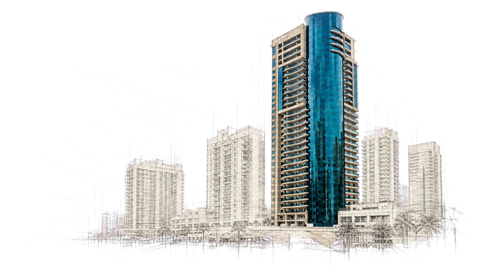 A tower drawn in sketch and rendered in colour against its city context